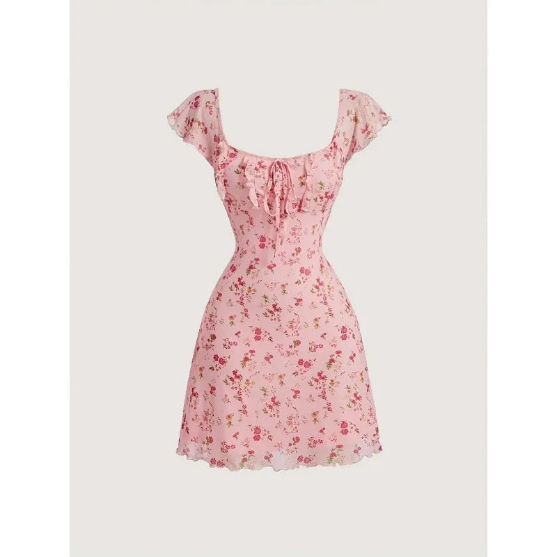Floral Summer A-Line Dress – Ruffled Square Neck Backless Party Mini