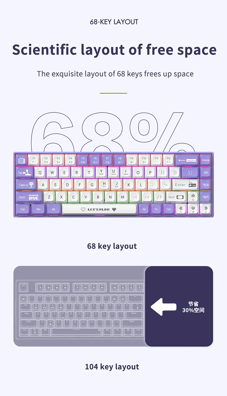 AJAZZ AK680 65% Wired Gaming Mechanical Keyboard Hot Swap Mini Keyboard Custom Keycap Gasket for Pc Laptop