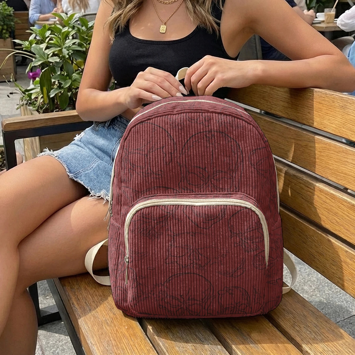 Gothic Skull Allover Print Women Fashion Backpack Corduroy Multi-pocket Large Capacity Commuter Bag