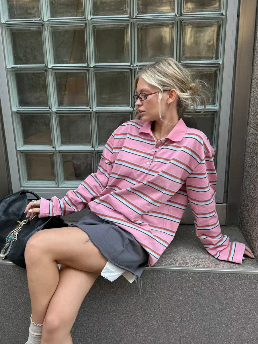 Vintage Striped Oversized Polo Shirt