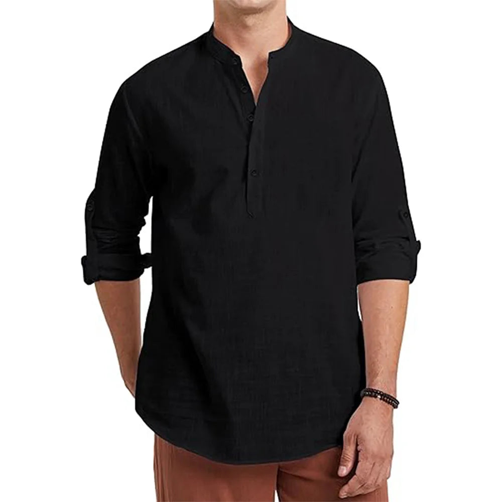 Men's Cotton Linen Long Sleeve Polo Shirt