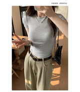 Y2K Vintage Slim Fit Crop Top - Solid Crewneck Short Sleeve Tee