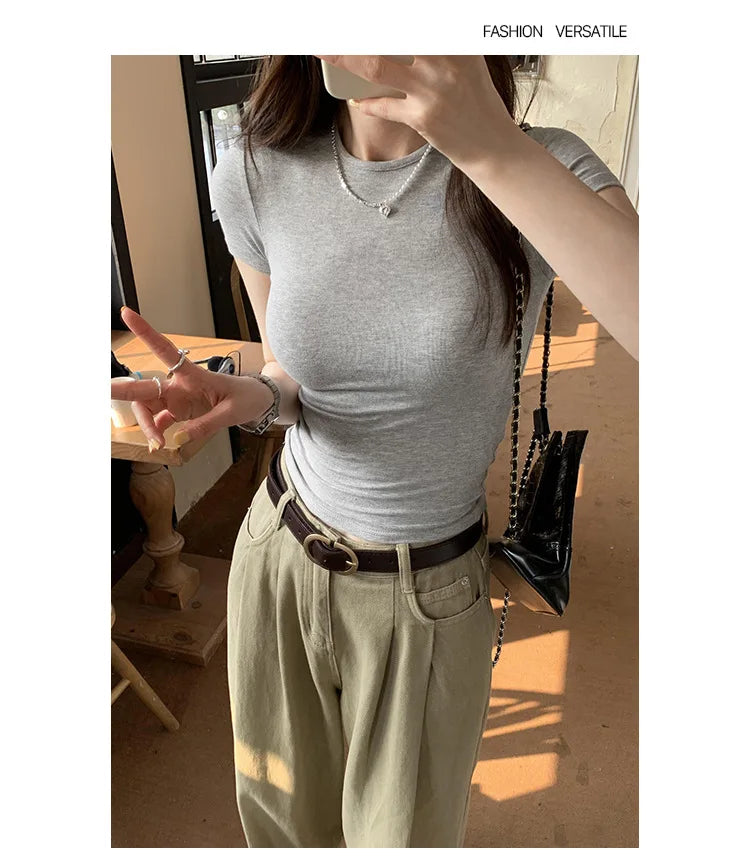 Y2K Vintage Slim Fit Crop Top - Solid Crewneck Short Sleeve Tee
