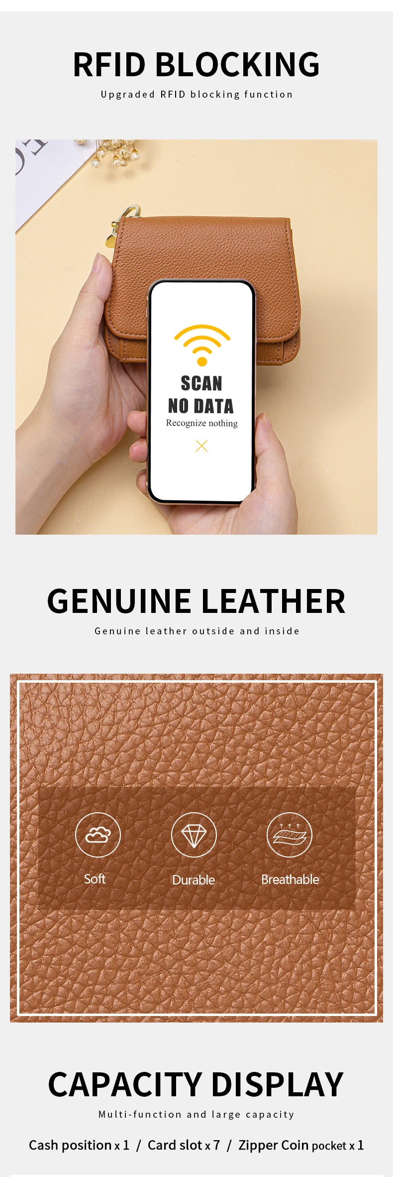 Women Genuine Leather Slim TriFold Wallet Credit Card Holder With Zipper Coin Pouch, ID Window & Keychain