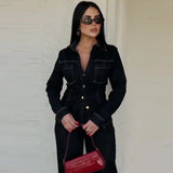HXAO Black Denim Pant Sets Women's Two Pieces Set Slim Long Sleeve Shirt 2 Piece Sets Woman Outfit High Waist Flare Trousers Set