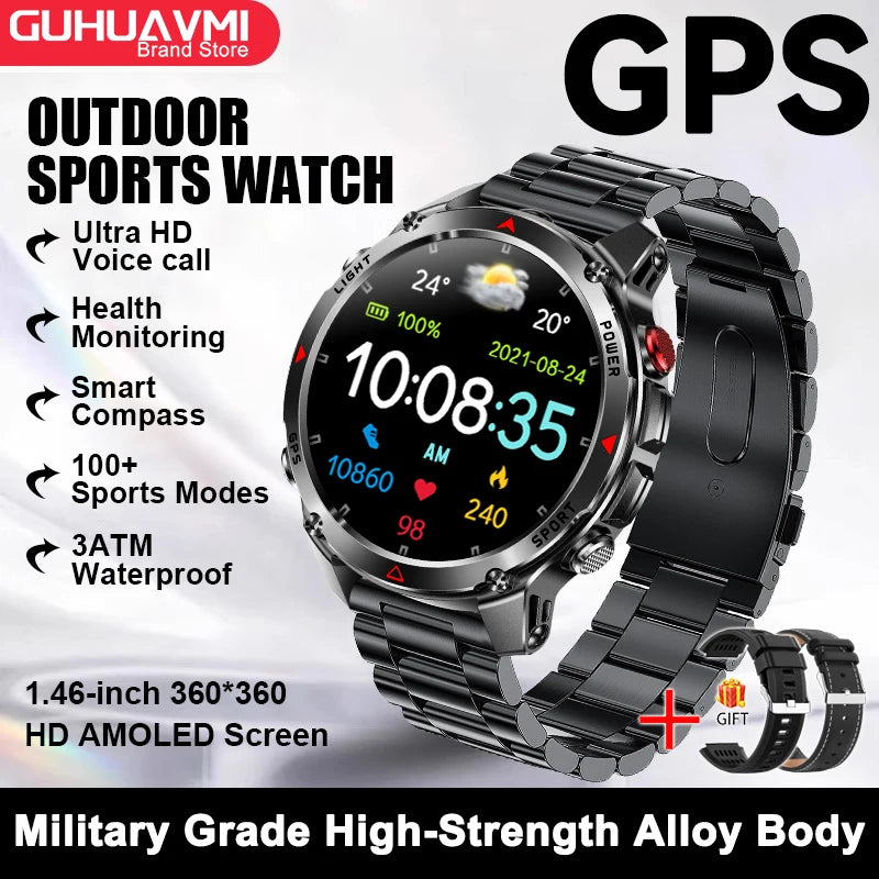 2026 New Military Bluetooth Call Smart Watch Built-in GPS Compass Barometric Altimeter 10ATM Waterproof Sports Smartwatches Men
