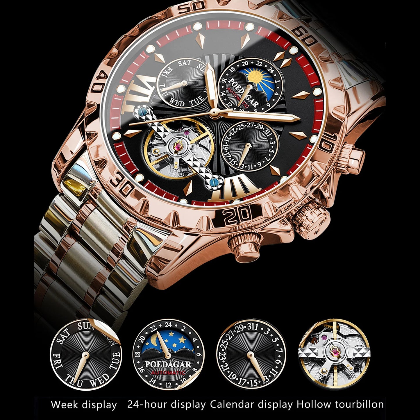 POEDAGAR Luxury Men Watch Luminous Waterproof Hollow Tourbillon Male Clock Week Date Business Automatic Mechanical Men's Watches