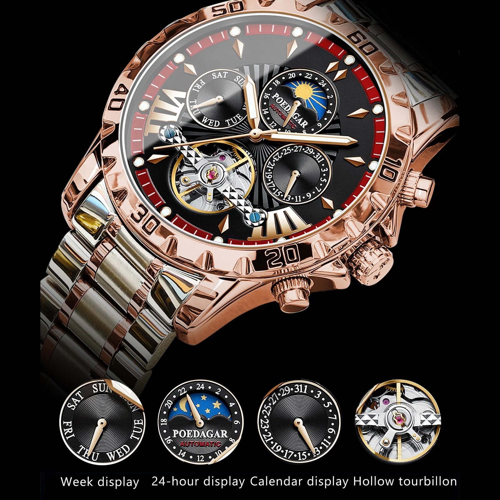 POEDAGAR Luxury Men Watch Luminous Waterproof Hollow Tourbillon Male Clock Week Date Business Automatic Mechanical Men's Watches