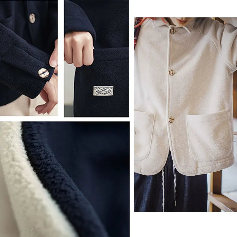 Maden Women's Fleece Lapel Warm Jacket 290gsm Single-breasted Solid Color Casual TOPs Coat for Autumn Winter Outwear