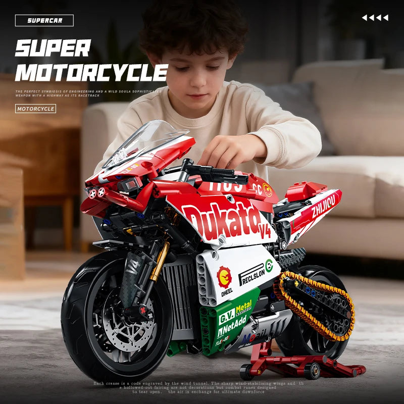 Technology motorcycle building block set, V4 super motorcycle model set, technology racing, STEM assembly toy gift for boys and