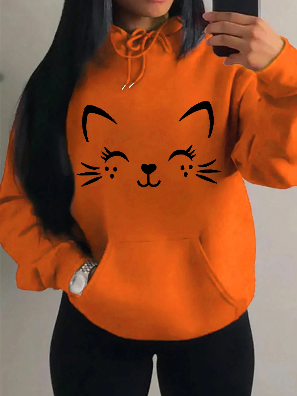 Women's Playful Cat Graphic Fleece Hoodie