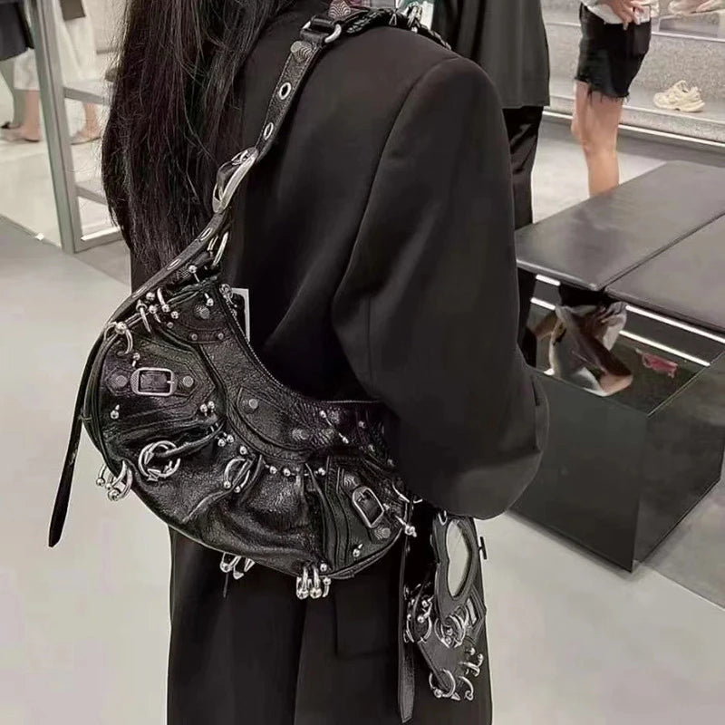  ﻿ 2026 New Women's Fashion Shoulder Bag European Vintage Style Cropped Studded Motorcycle Bag Soft Material Crossbody Design