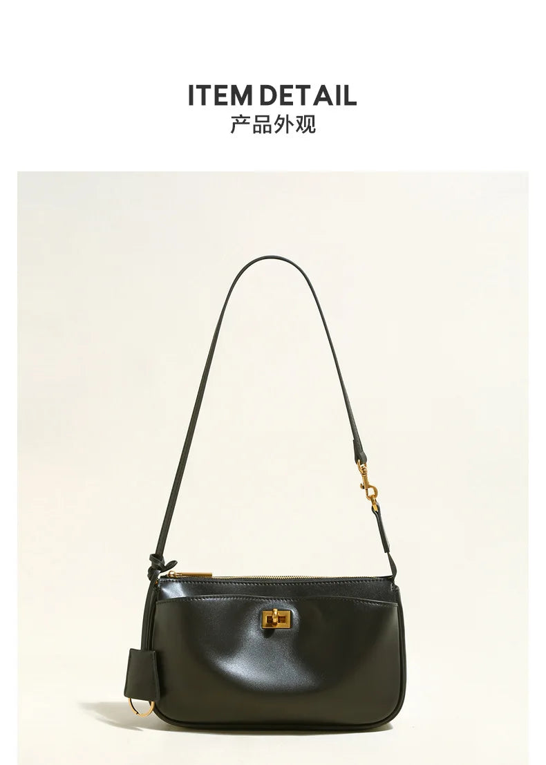 2026 Spring New Luxury Brand Women Shoulder Bags Split Leather Black Handbags Women Fashion Gold Buckle Underarm Bags