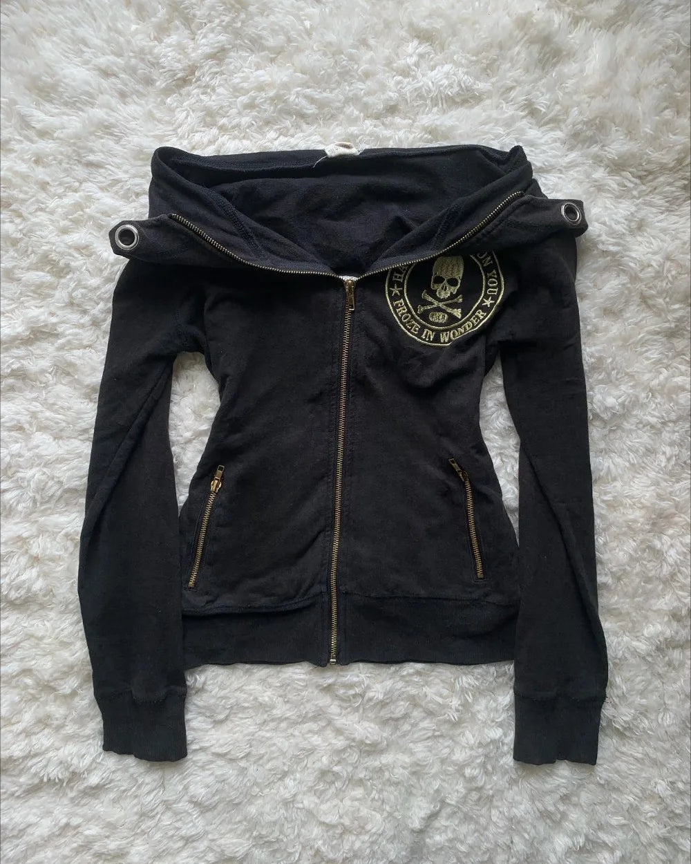 Y2K Retro Zipper Hoodies Women Harajuku Sexy Slim Fit Sweatshirt Autumn Skull Graphic Embroidery Hooded Jacket Gothic Clothing
