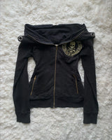 Y2K Retro Zipper Hoodies Women Harajuku Sexy Slim Fit Sweatshirt Autumn Skull Graphic Embroidery Hooded Jacket Gothic Clothing