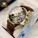 OLEVS 6661 Full Transparant Skelton Flywheel Automatic Mechanical Men's Watch Leather Strap Luxury Brand Original Man Wristwatch