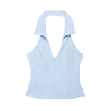 Women Summer 2 Piece Set High Waist Back Pocket Mini Skirts Shorts Sexy V-Neck Sleeveless Backless Suspender Zipper Top