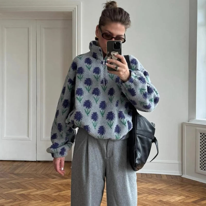 TARUXY Fleece Printing Sweatshirt Women's Half-Zip Sweatshirt Fleece Loose Turtleneck Pullover Female Winter Leisure Sweatshirt