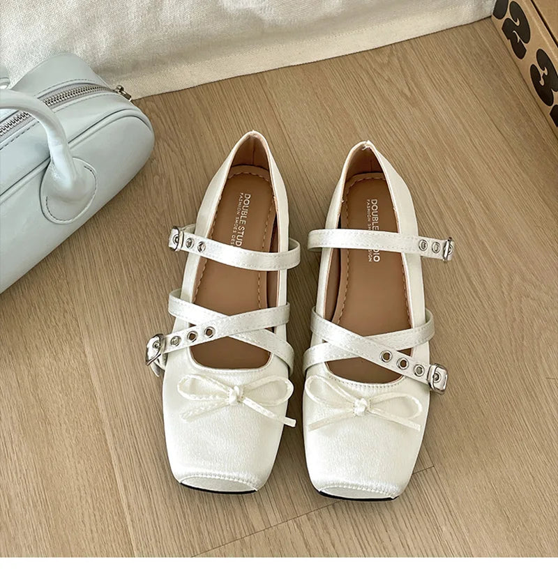 Butterfly Knot Ballet Flats – Elegant Square Toe Women's Flat Shoes
