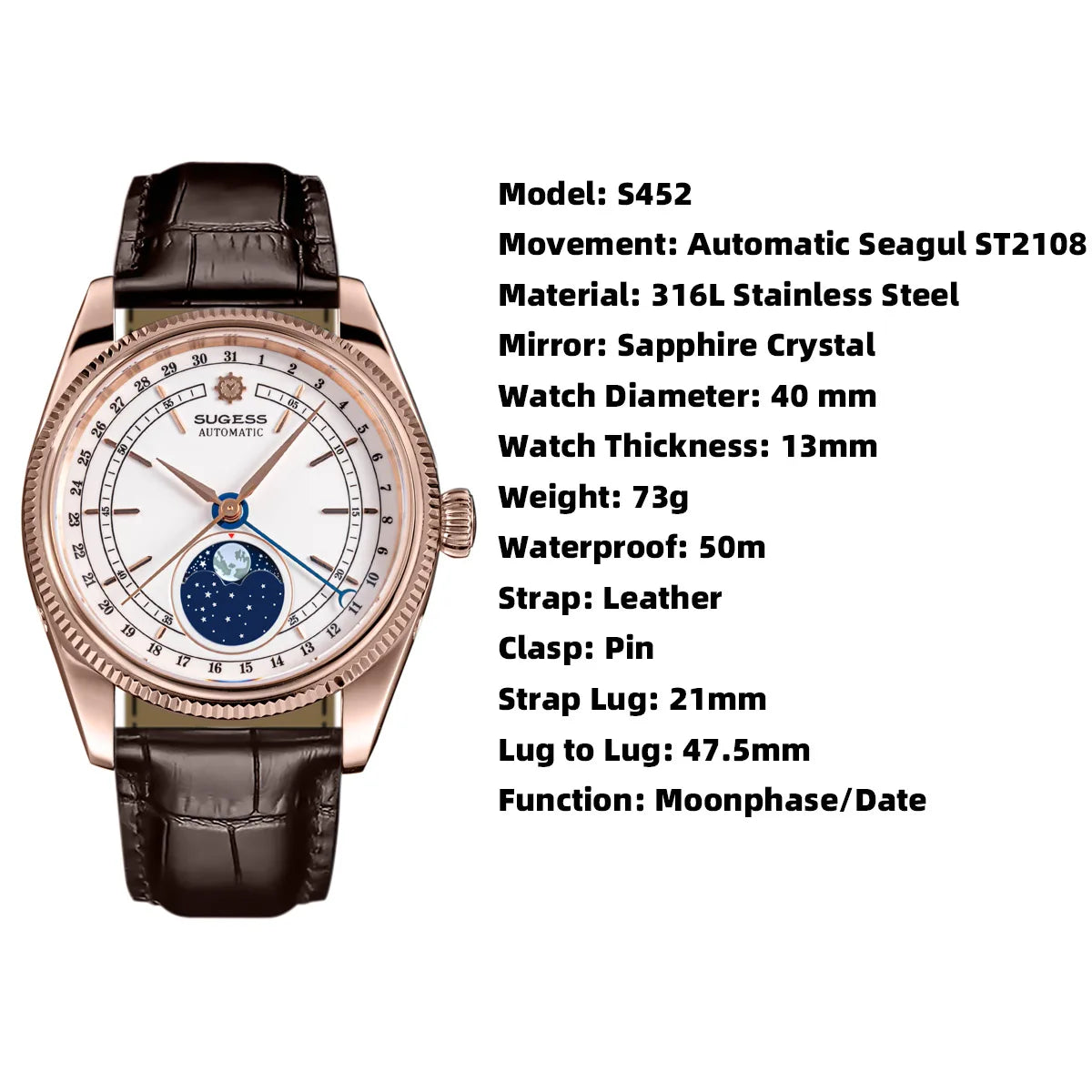 Sugess 40mm Watch of Men Moonphase Automatic ST2108 Movement Sapphire Crystal Mechanical Wristwatches Waterproof Date S452