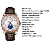 Sugess 40mm Watch of Men Moonphase Automatic ST2108 Movement Sapphire Crystal Mechanical Wristwatches Waterproof Date S452