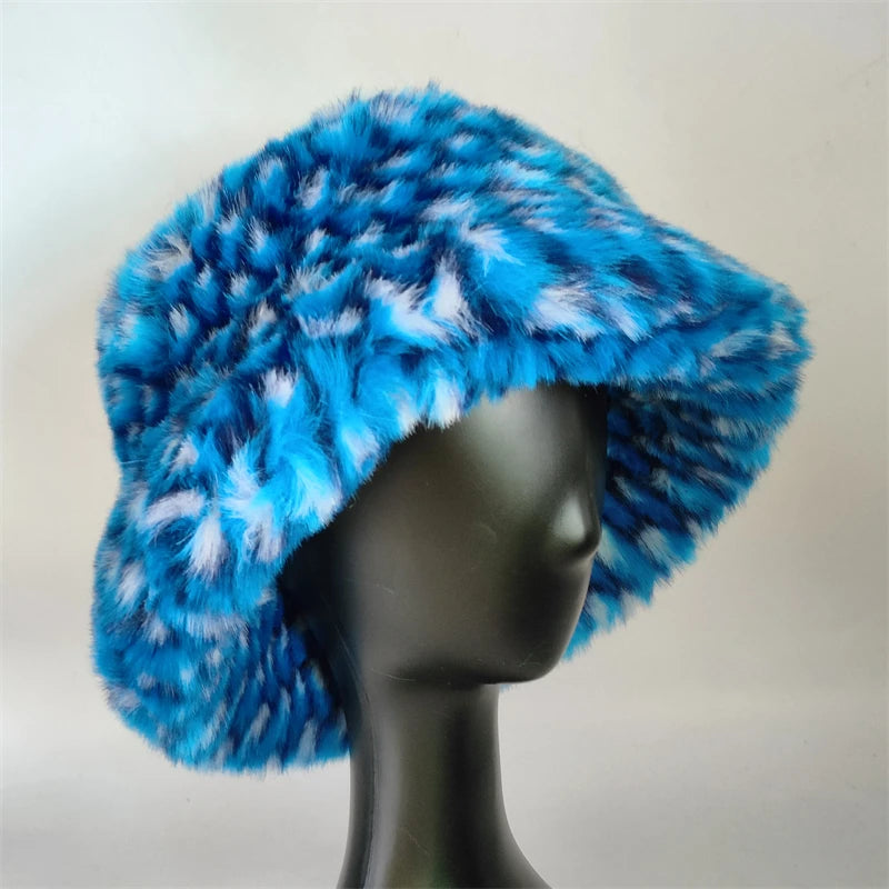 1pcs Winter Faux Fur Bucket Hat Warm Fluffy Plush colorful soft Winter hat Personality fur Fisherman Hats for women Plush hat겨