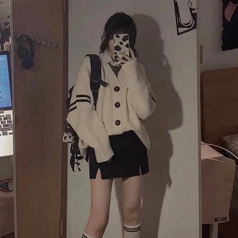 Y2K Striped Loose Cardigan – Vintage V-Neck Knit Sweater Coat
