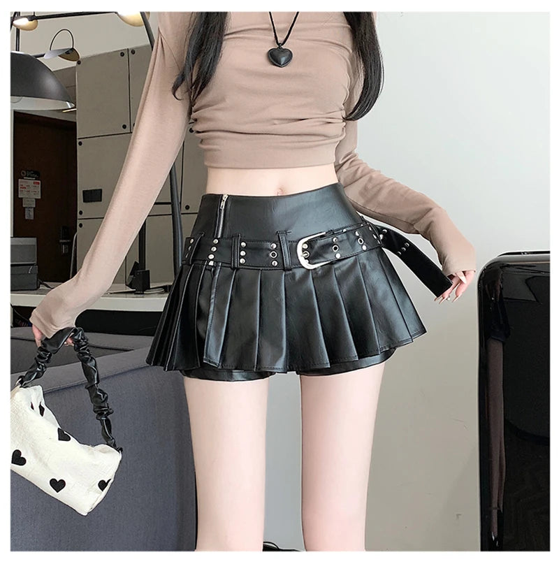 Women's Black Gothic Pleated Faux Leather Mini Skirt