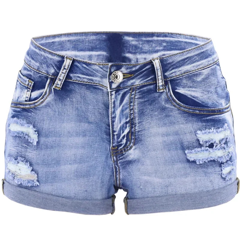 Women’s Mid-Waist Distressed Denim Shorts – Slim Fit Summer Beach Wear