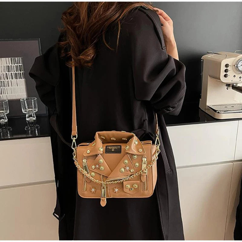 Jacket Collar Shaped Crossbody Shoulder Bag,Women Metal Flower Studded Handbag ,Niche Designer Streetwear Fashion Rivet Tote Bag