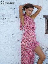 Floral One-Shoulder Ruffle Midi Dress