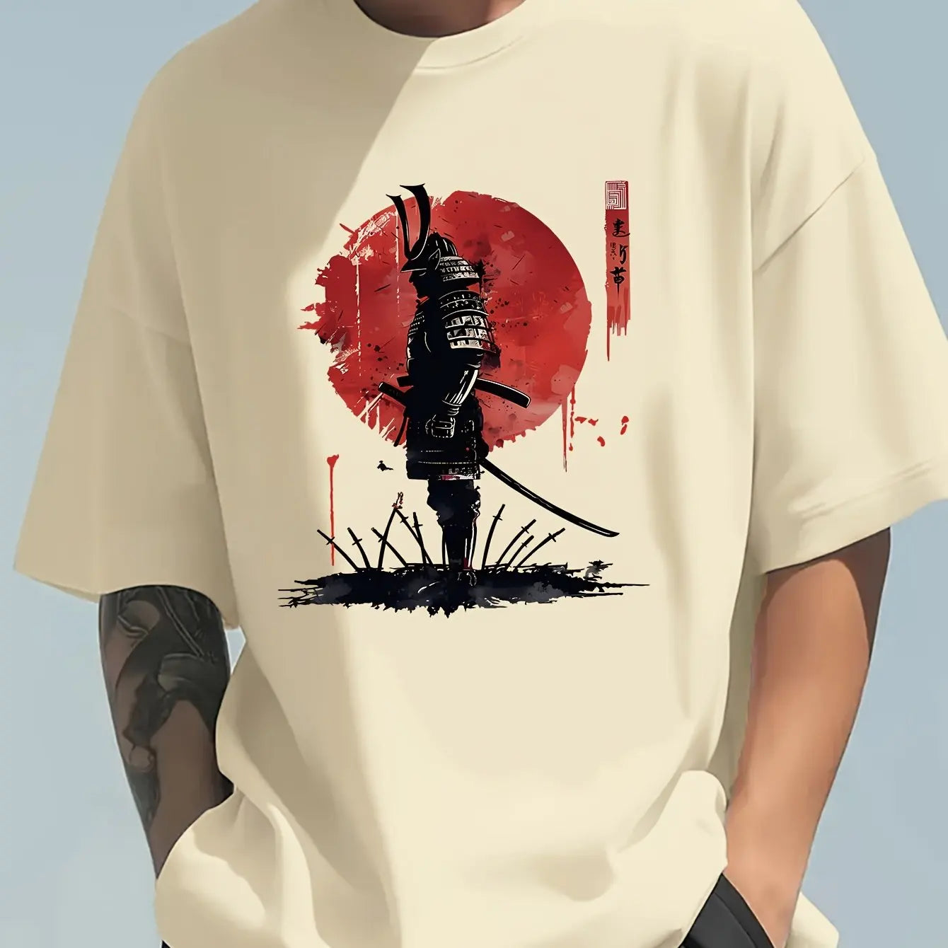 Men's Japanese Samurai Print Cotton T-Shirt - Relaxed Fit