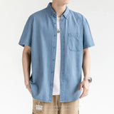 Men's Denim Shirt Long Sleeve Casual Outerwear Youth 2026 Fashion Streetwear Light Blue Button Up Top with Pockets Jeans Shirt