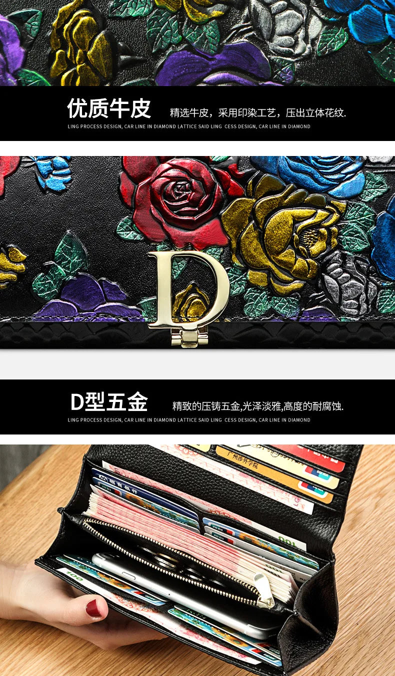 Genuine Leather Purse Wallet Female 3d Embossing Ladies Personality Retro Long Clutch Wallet Women Purse Coin Holders