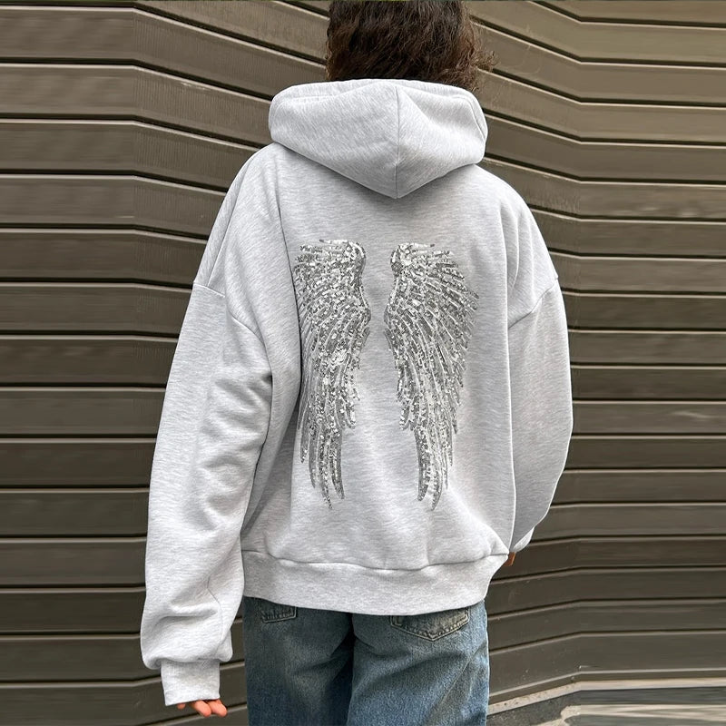 Trendy Creative Hooded Sweatshirt Wing Patterns Chic Designed Fashion Casual Long Sleeved Tops Versatile Women's Autumn Wear