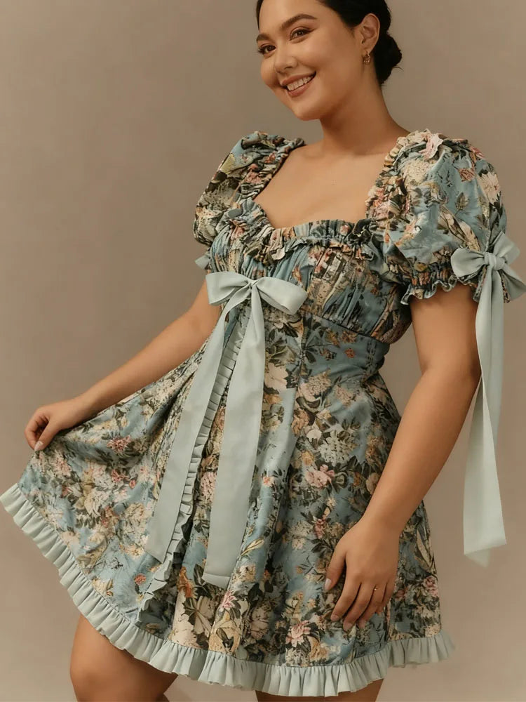 Women's Plus Size Floral Print Flare Sleeve Mini Dress