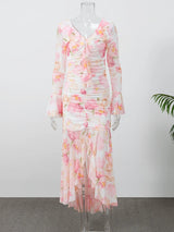 Flutter Sleeves Slim Long Dress Women Casual Pleated Deep V-neck Floral Print High Waist Dresses 2026 Lady Summer Holiday Wear