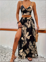 Elegant Deep V-neck Summer Dress: Sleeveless Printed Skirt Set
