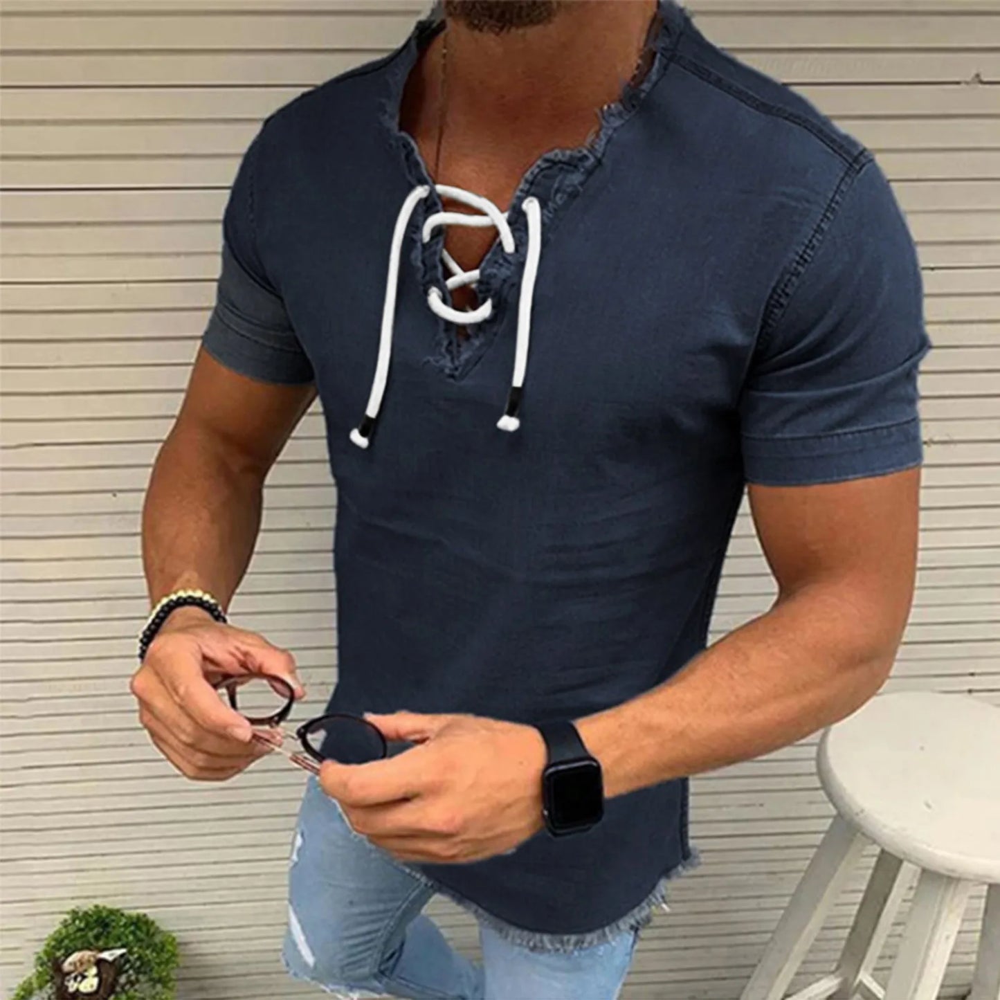 Jeans Shirt Jackets For Man Short Shirt Tops Male V Tassel Denim Solid Neck Sleeve Blouse Men рубашка мужская с длинным рукавом