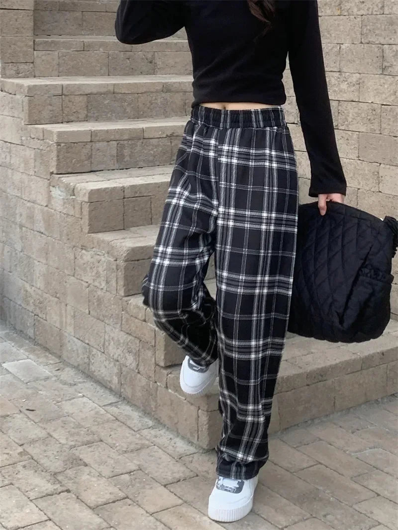 Plaid Plush Wide-Leg Trousers
