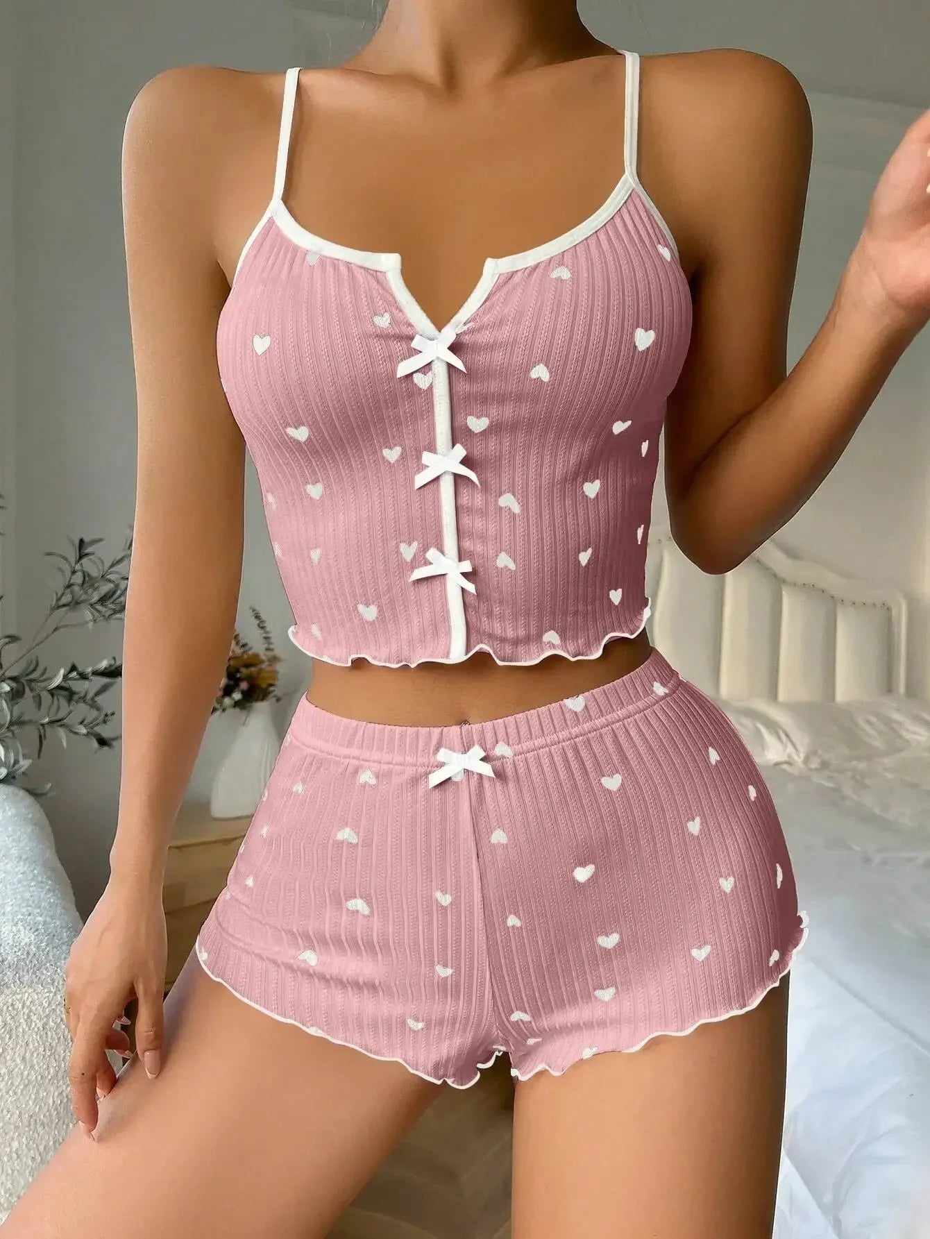Heart Print Ribbed Lounge Set