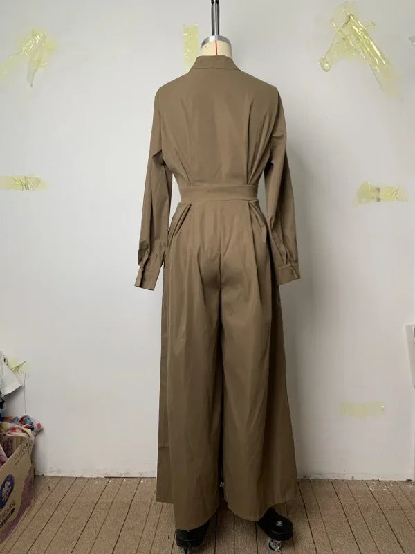High-Waisted Wide Leg Jumpsuit - Half-Collar Long Sleeve One-Piece