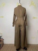 High-Waisted Wide Leg Jumpsuit - Half-Collar Long Sleeve One-Piece