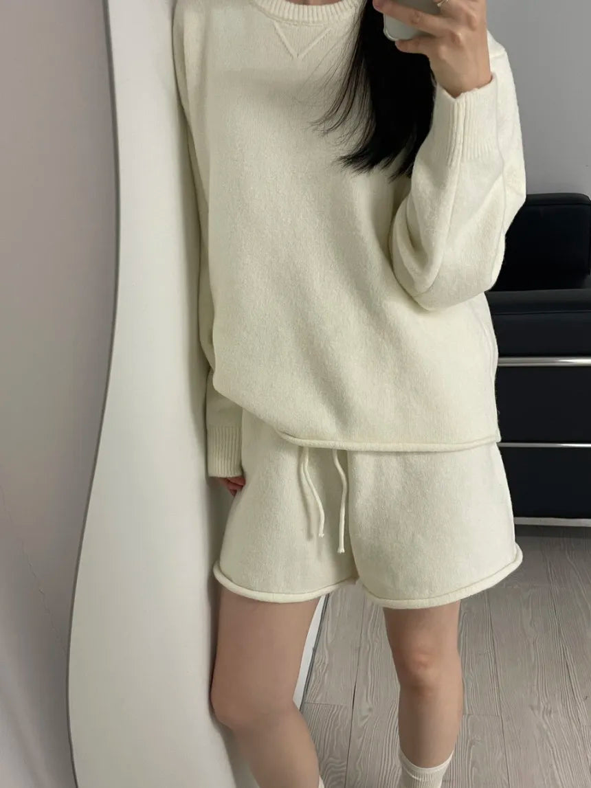 Korean Style Sweater Two 2 Piece Set Women Vintage Autumn Winter Pullover Knitted Tops + Casual Shorts 2 Piece Outfits Female