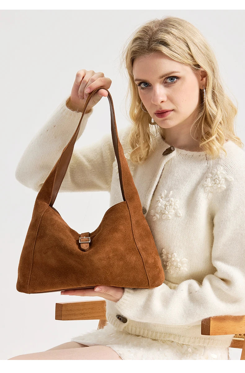 New Winter Women's Natural Suede Leather Bags Female Soft Cowhide Durable Crossbody Shoulder Bag Ladies Fashion Commute Handbags