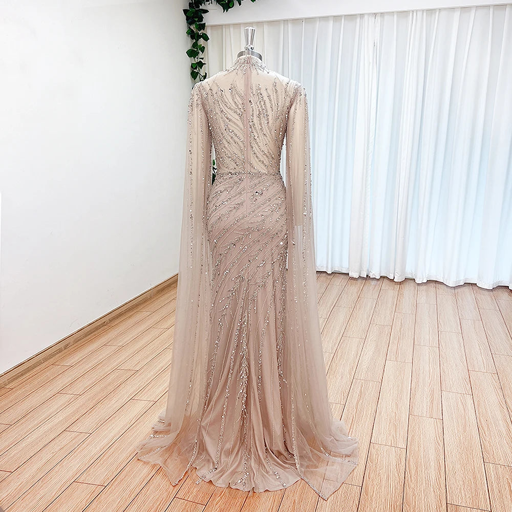 Luxury Beaded Mermaid Evening Gown | Cape Sleeve