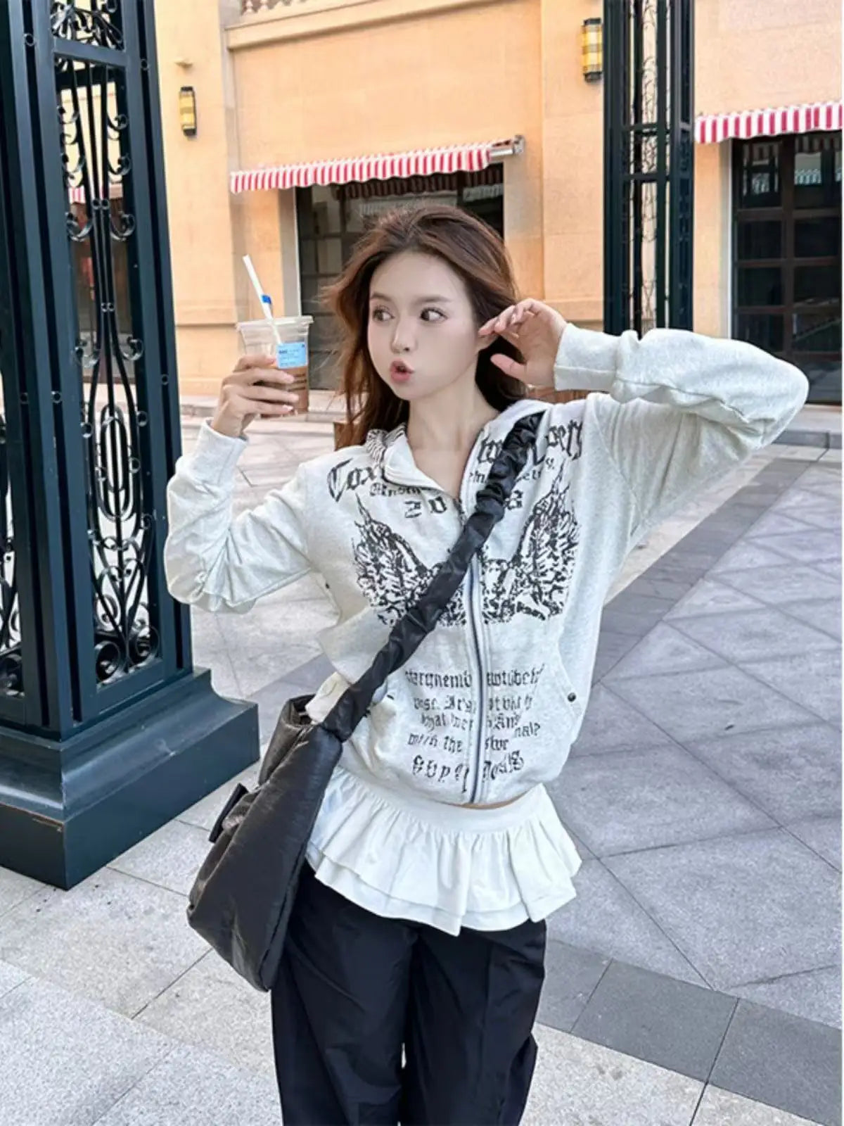 American Retro Printed Zipper Sweatshirt Women's Y2K New Harajuku Hip Hop Goth Casual Joker Long Sleeve Zipper Hoodie Streetwear