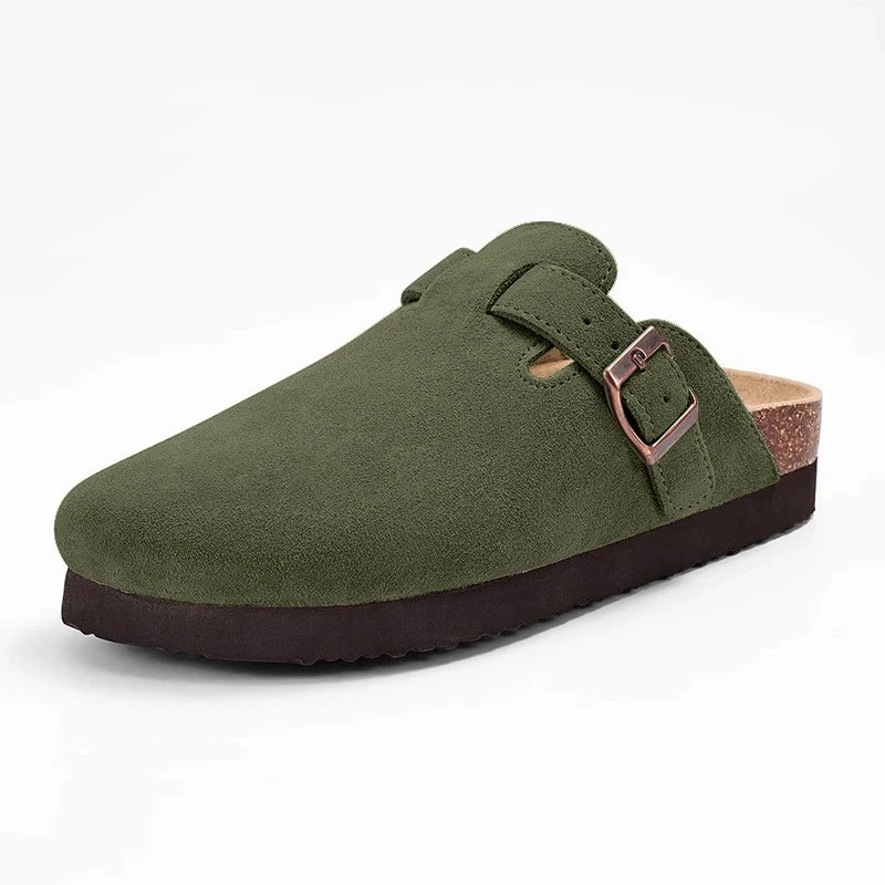 Evshine Men's Suede Clogs Fashion Leather Mules Cozy Footbed Slippers With Adjustable Buckle AntiSlip Cork Slippers Unisex Mules