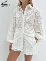 Oymimi Summer White Cotton 2 Piece Sets Women Outfit Casual Jacquard Button Wrist Sleeve Shirts And High Waist Shorts Female Set