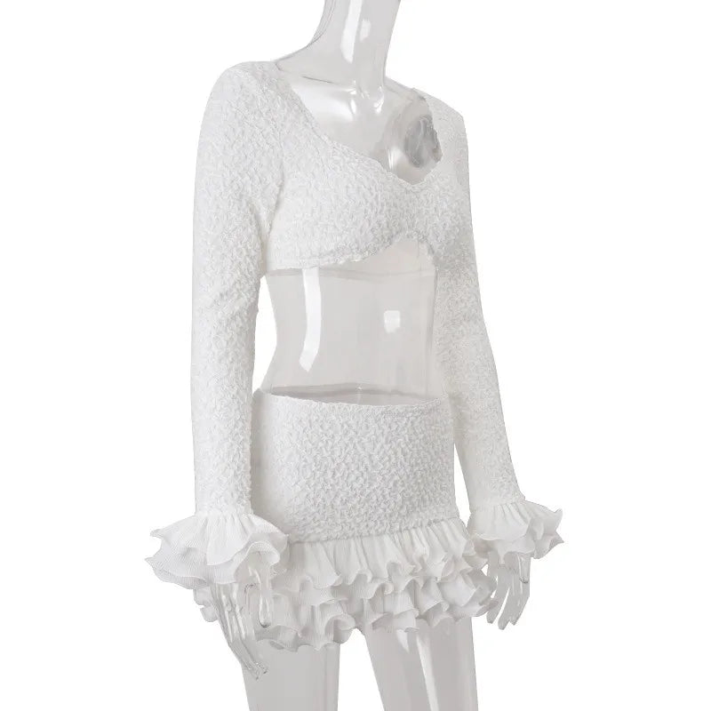 Shestyle Texture White Women 2 Piece Sets Autumn Ruffles Super Short Crop Tops V Neck Sheath Skirts Brand Design Party Outfits